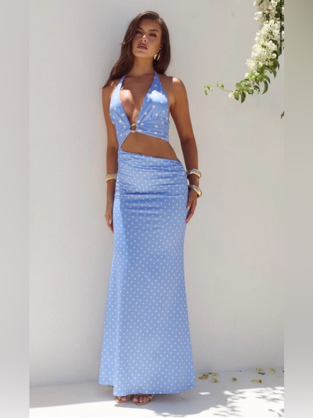 LUMIA HALTER CUTOUT MAXI DRESS - PERIWINKLE/LEMON POLKA